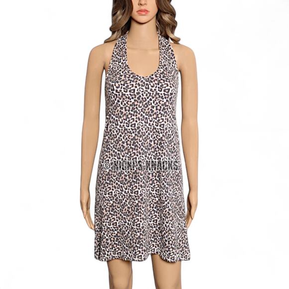 American Eagle Leopard Halter Dress Open Back Stretch Knit Y2K Mini Dress Size S - Picture 2 of 11